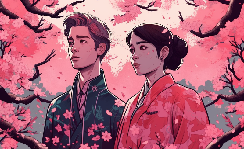 樱花树下卡通情侣情人节节日背景,插画/手绘图,插画/手绘图库,插画/手绘图下载,插画/手绘